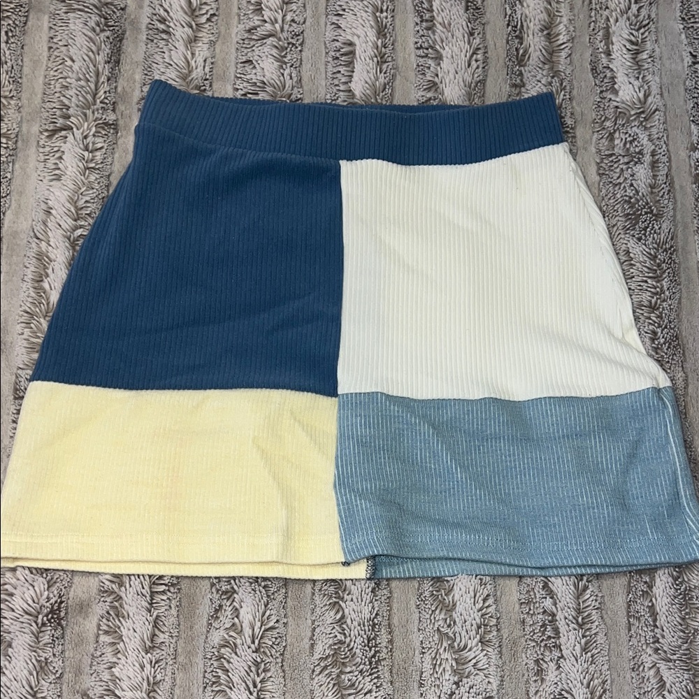 La Hearts Color Block Mini Skirt - Blue, Cream, Yellow